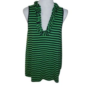 Crown & Ivy Ruffled Neck Navy Blue/Green Striped Tank